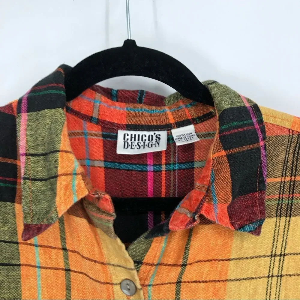 Vtg Chico’s Shirt Womens Large 100% Linen‎ Orange Plaid Button Front 3/4 Sleeve